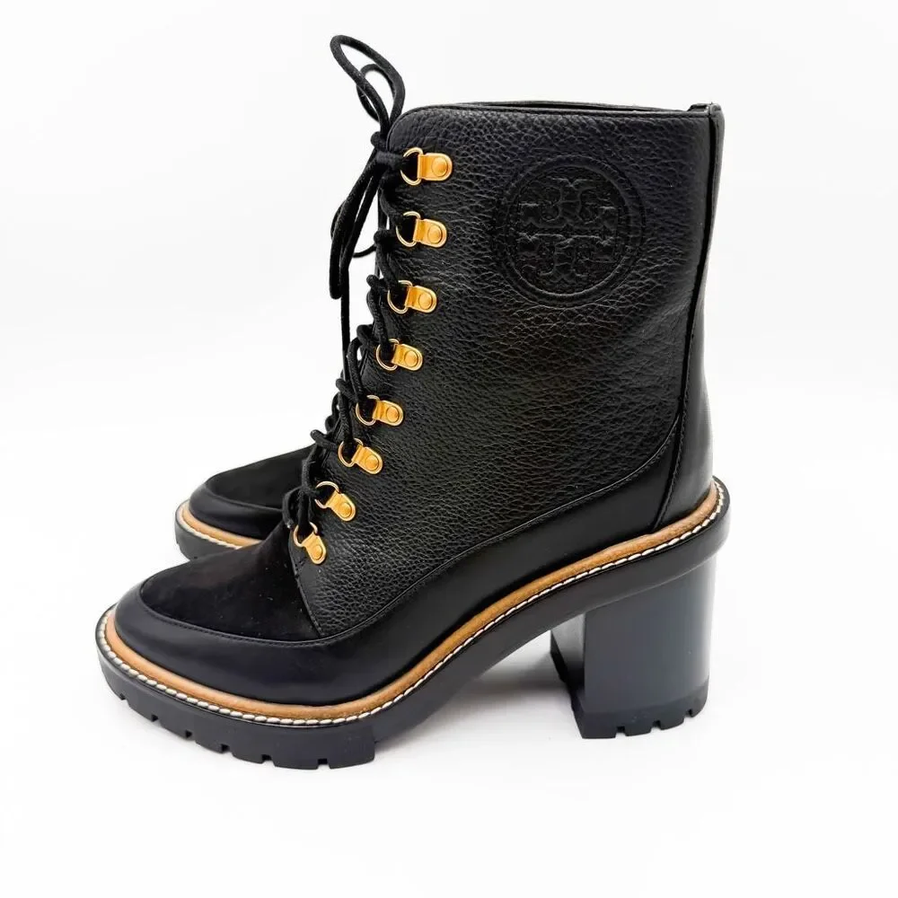 Tory Burch Miller Leather Lace Up Boots Lug Sole Black Leather Size 10
